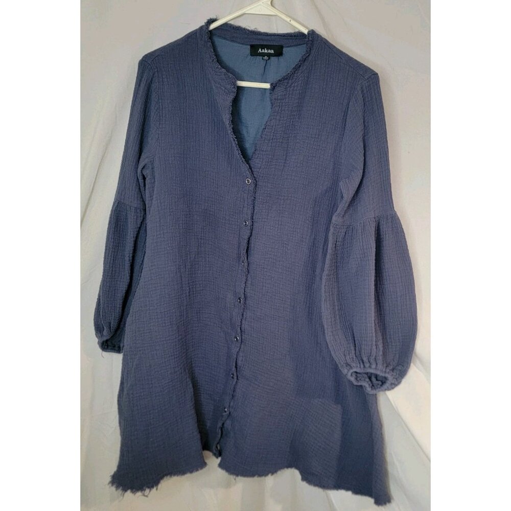 Aakaa Soft Crinkle Gauze Womens Small Shirt Dress Blue 100% Cotton Distressed
